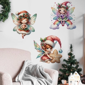 Stickers muraux fée de Noël avec elfes et étoiles pour décoration intérieure festive