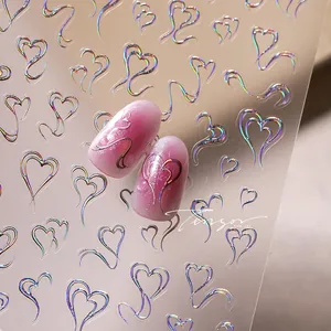 Stickers à ongles cœur holographiques avec effet laser métallique et dégradé rose pailleté