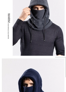 Detail of fleece windproof balaclava featuring adjustable drawstrings for winter sports
