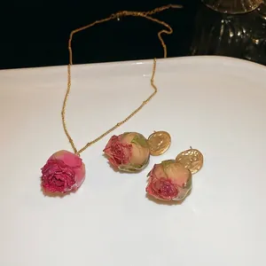 Elegant stainless steel set with real dried pink rose petals necklace and earrings