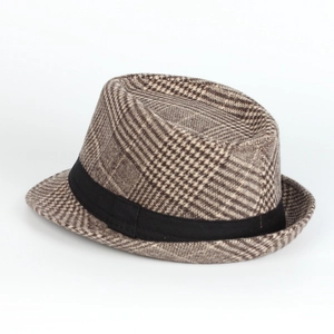 Close-up of British plaid fedora hat with brown checkered wool and black ribbon band
