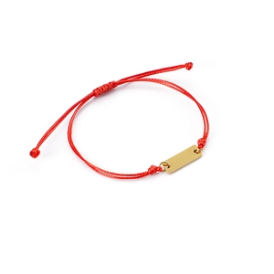 Adjustable red braided rope bracelet with a polished gold stainless steel bar pendant