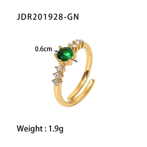 French style 18K gold stainless steel open ring with green zircon stone and crystal accents