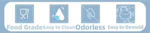 Detailed chart showing food grade, easy clean, odorless, and easy release mold features