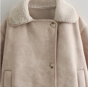 Beige thick suede jacket for women featuring a faux fur collar and textured amber buttons