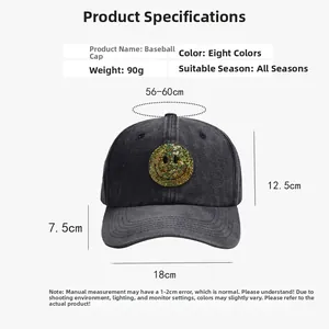 Detailed size chart for distressed baseball cap with sequined smiley face patch detail