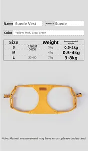Size chart for suede dog vest harness showing dimensions for small breeds and puppies