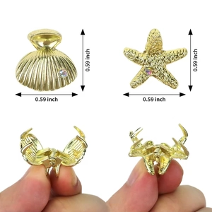 Mini starfish and shell hair clips with rhinestones in golden metal alloy