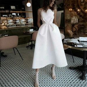 Vestito Da Sera In Raso Con Spalline Sottili Schiena Scoperta Vita Alta Linea Ad A Midi Per Matrimonio Festa