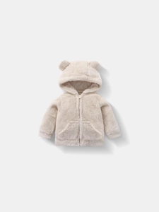 Baby Toddler Hooded Jacket Bear Ear Fleece Plush Warm Zipper Outerwear Coat Autumn Winter Solid Color Casual