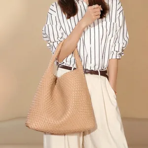 Beige woven leather tote bag for women, large capacity shoulder bag for daily casual style