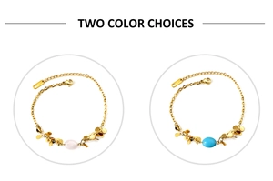 Detail showing two gold bead bracelets with pink and turquoise stones in macro view