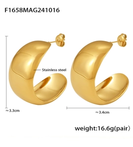 Detailed view of golden C-shaped stainless steel earrings with weight and size specs