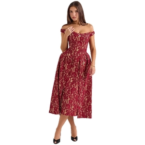 Robe élégante en dentelle rouge à épaules dénudées pour femmes avec taille ajustée et motif