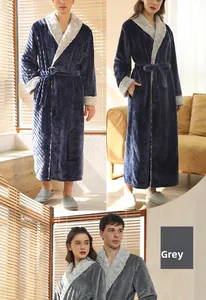 Detailed view of plush flannel bathrobe with grey faux fur trim and adjustable waist belt