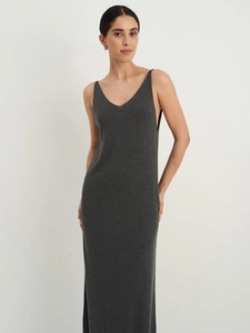 Detail of dark grey sleeveless knitted maxi dress with a deep V-neck and slim fit