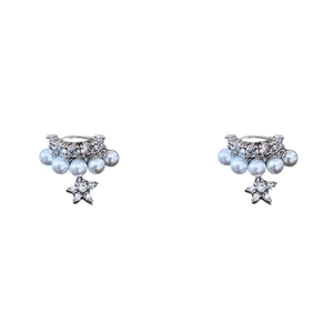 Elegant double-layer silver earrings featuring sparkling zircon stars and white pearls