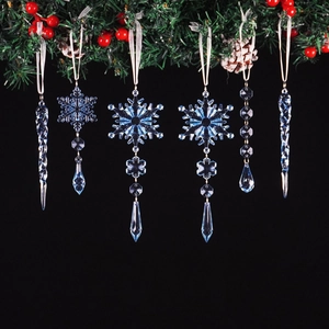 Blue icicle and snowflake ornaments set with white ribbons for Christmas tree decoration