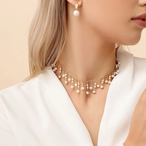 Elegant handmade freshwater pearl choker necklace and matching earrings set for women