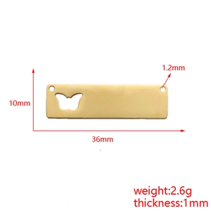 Detailed size chart of gold rectangular pendant with butterfly cutout and dual holes