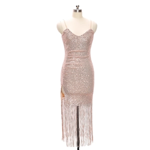 Pink sequin V-neck dress with fringe hem and side slit on mannequin with white background