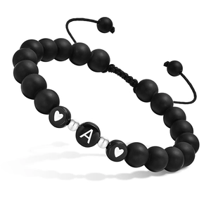 Bracelet Lettre Initiale Perles De Pierre Agate Noire Mate Charme Coeur Cordon Tressé Réglable Bijoux Couple