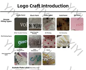 Detailed catalog of 14 logo techniques for acetate hair clips including engraving and inlaying