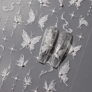 3D Embossed Nail Art Stickers White Butterfly Star Patterns Faux Artificial Pearl Decals PET Self Adhesive Manicure Decoration