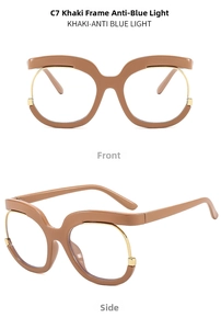 Front and 45-degree angle view of khaki Y2K oversized blue light blocking glasses