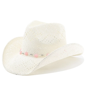 White straw cowboy hat with pink heart beads and curved brim for summer beach sun protection
