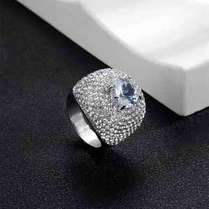Silver Cuban ring for men with micro-pave cubic zirconia and a large central round stone