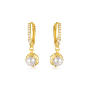 S925 silver pearl drop hoop earrings with sparkling cubic zirconia in gold finish
