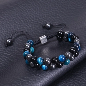 Double layer 8mm tiger eye bead bracelet with silver tree of life charm and woven rope