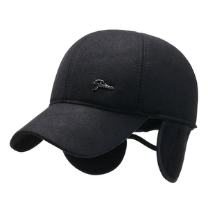 Men's winter thick wool baseball cap with ear flaps and silver letter logo in black