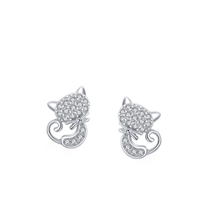 Cute S925 sterling silver cat stud earrings with white zircon accents and bow detail