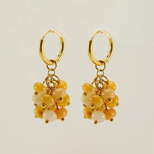 18k gold plated stainless steel hoop earrings with yellow and white natural stone beads