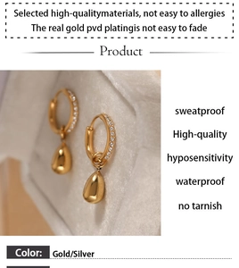 Detail view of gold-plated teardrop earrings with pavé zircons and waterproof finish