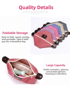 Detail view of striped waterproof makeup bag showing large capacity and zipper closure