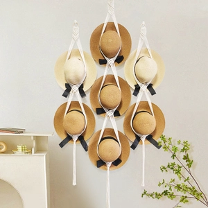 Bohemian hand-woven cotton hat organizer rack for wall hanging display with seven slots