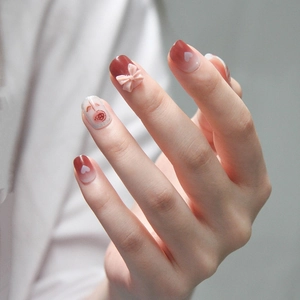 Süße Sanfte Rose Herz Schleife Design Kurze Runde Künstliche Nägel Rosa Verlauf Kunstnägel Mit Kleber Für Damen Mädchen