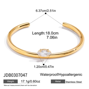 Detailed specs of stainless steel C-shaped cuff with marquise white zircon stone