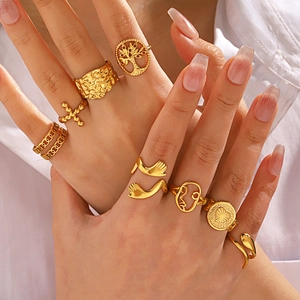 Gold Plated Stainless Steel Adjustable Rings Bohemian Snake Cross Abstract Face Open Finger Jewelry For Women
