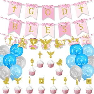 Religious party set with God Bless banner and silver First Holy Communion balloons