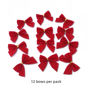 Pack of 12 red velvet Christmas tree bows with gold metallic ties on white background
