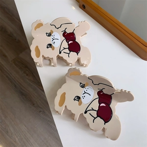 Creative beige bear hair claw clip with red cherry design for long hair accessory