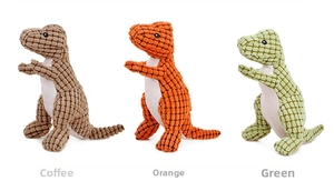 Detailed corduroy texture on three dinosaur dog toys in coffee, orange and green colors