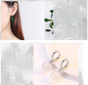 Detail showing natural green agate and moonstone beads on S925 silver hoop earrings