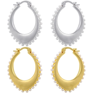 French vintage C-shaped hoop earrings with pearls in gold and silver finish