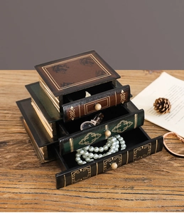 Detailed macro view of retro wooden book-shaped jewelry box with three drawer layers