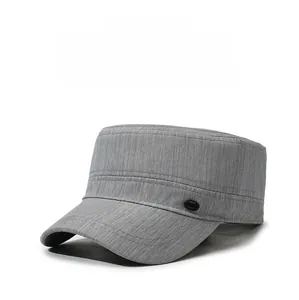 Close-up detail of a grey textured men's flat top cadet cap for outdoor sun protection